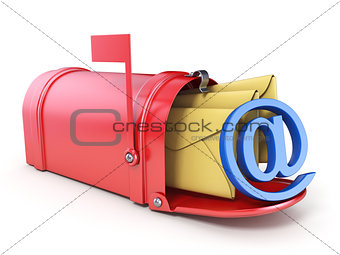 Red mailbox, two yellow envelope and blue AT sign 3D