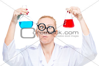 portrait of a mad lab technician with two flasks of colored subs