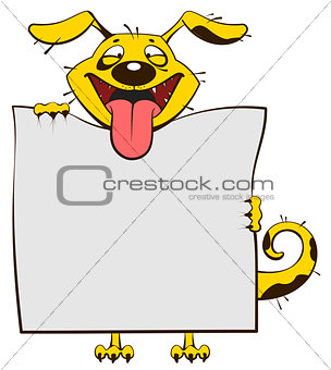 Smiling yellow dog holding blank white sheet of paper banner. Fun dog stick out tongue