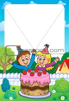 Frame with cake and two kids celebrating