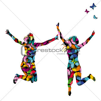 Collorful illustration with silhouettes of women jumping and col