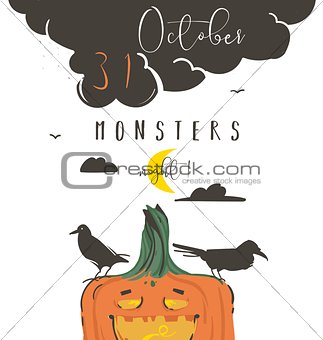 Hand drawn vector abstract cartoon Happy Halloween illustration poster with ravens,pumpkin,moon and modern calligraphy phase 31 october monsters night isolated on white background