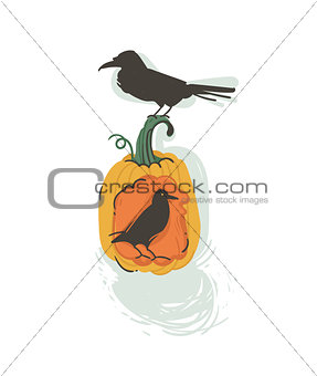 Hand drawn vector abstract cartoon Happy Halloween illustration with pumpkin latern and ravens isolated on white background,