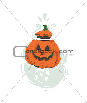 Hand drawn vector abstract cartoon Happy Halloween illustration with pumpkin latern monster isolated on white background.
