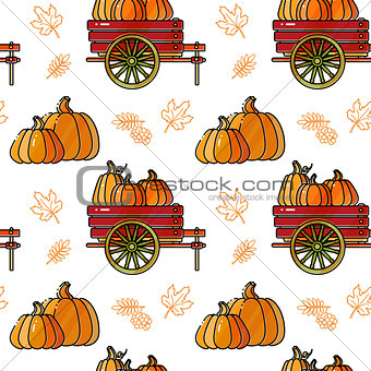 Seamless pattern with  pumpkin, cart and leaves.