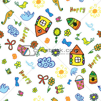 Seamless vector pattern with cute childish hand drawn house, sun, cloud, flowers, birds.
