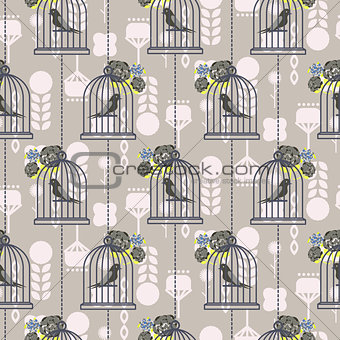 Bird cage romantic seamless vector pattern wallpaper.