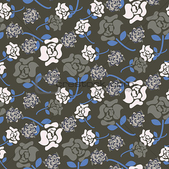Rose flowers grey and blue floral dark pattern seamless vector.