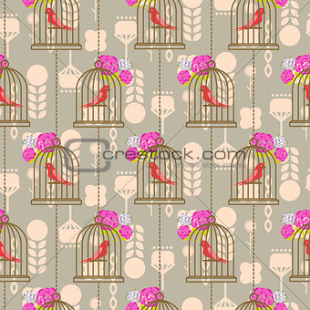 Bird cage romantic seamless vector pattern roses wallpaper.