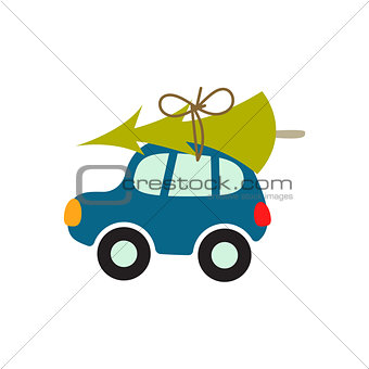 Cartoon car with xmas tree on the roof vector illustration.