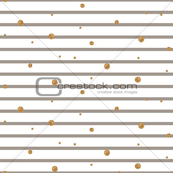 Striped beige and white seamless pattern with golden shimmer polka dots.