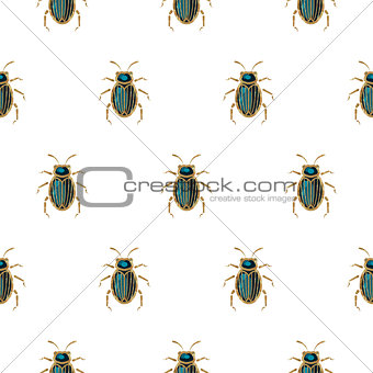 Emerald and gold beetle brooch vector seamless pattern.