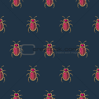Blue and gold beetle brooch vector seamless pattern.