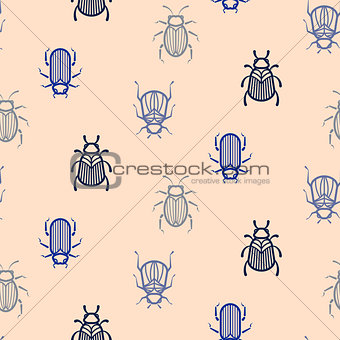 Blue line style beetle vector seamless pattern for print.