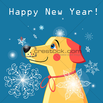 New Year  card with a yellow dog 