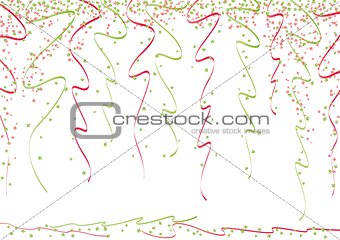 green and red curly ribbons and bright confetti