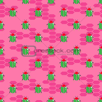 Green beetle on bright pink vector seamless pattern for print.