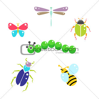 Cartoon insects colorful vector set on white.