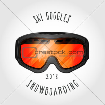 Snowboard or ski goggles with reflection of mountains