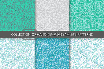 Collection of hand drawn seamless patterns. Colorful curly scribble textures