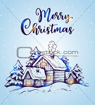 Winter landscape with houses and fir trees