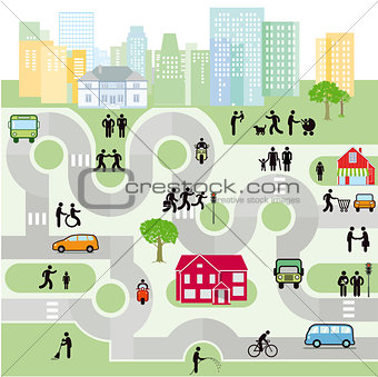 City with pedestrians and traffic