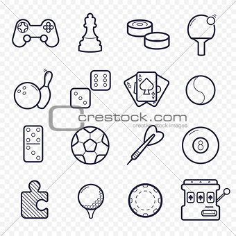 Games linear icons. Ping-pong, golf, billiards, darts leisure activities. Gambling, sport game line icons.
