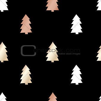 Black festive packaging paper with Christmas trees made of gold and bronze foil. Seamless vector pattern.