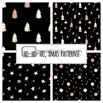 Set of gold foil seamless patterns with Christmas trees and stars for Christmas and New Year's wrapping paper. Vector illustration.