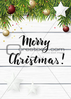 Vector Christmas background with green fir branches, white paper stars and cristmas balls on a white wooden background.