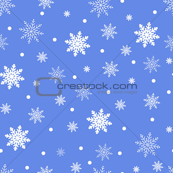 Winter seamless background with flat white snowflakes on a blue