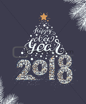 Happy New Year 2018 lettering text. Christmas tree decoration template mockup greeting card