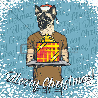Vector illustration of cat on Christmas with gift
