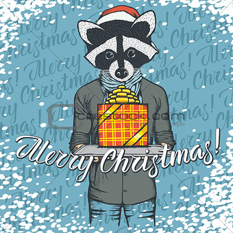 Vector illustration of raccoon on Christmas with gift