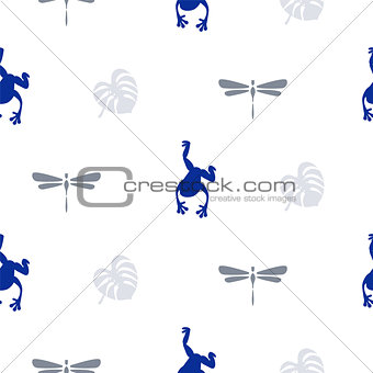 Silhouette of frog and dragonfly seamless pattern.