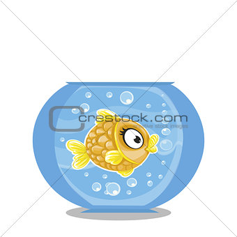Vector illustration of cute cartoon gold fish in aquarium with b