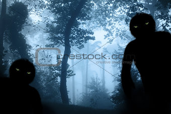 Two monsters in misty forest landscape