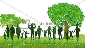 Cheerful families together in the park, illustration