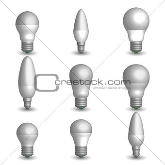 Set of various LED bulbs in 3d, vector illustration.