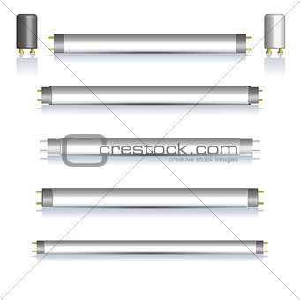 Set of fluorescent lamps with mirror reflection, vector illustration.