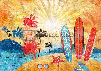 Watercolor tropical landscape of the sea and palm trees