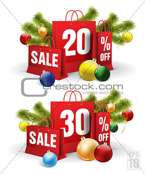 christmas shopping bag printed with a twenty and thirty discount. Vector