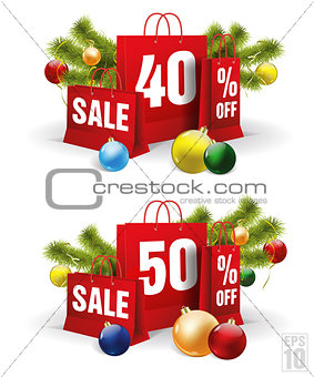 christmas shopping bag printed with a forty and fifty discount. Vector