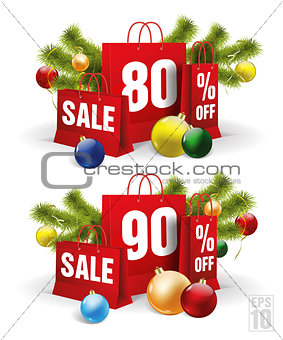christmas shopping bag printed with a eighty and ninety discount. Vector