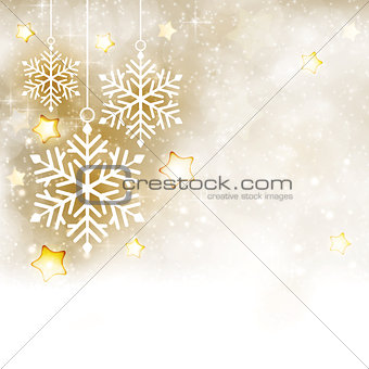 White golden winter, Christmas background with snowflakes and st