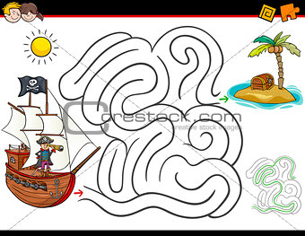 cartoon maze activity with pirate and treasure