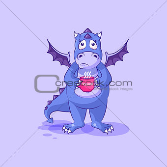 Vector Emoji character cartoon dragon dinosaur nervous with cup of coffee sticker emoticon