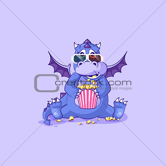 Vector Emoji character cartoon dragon dinosaur chewing popcorn, watching movie 3D glasses sticker emoticon