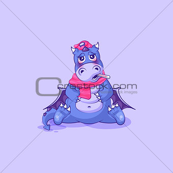 Vector Emoji character cartoon dragon dinosaur sick with thermometer in mouth sticker emoticon