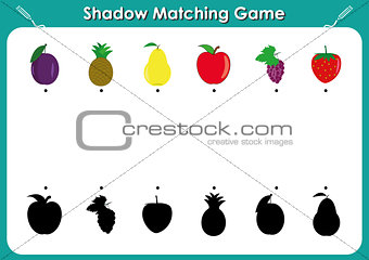Shadow matching game, activity page for kids. Find the right, correct shadow task for kids preschool, fruits and shadows